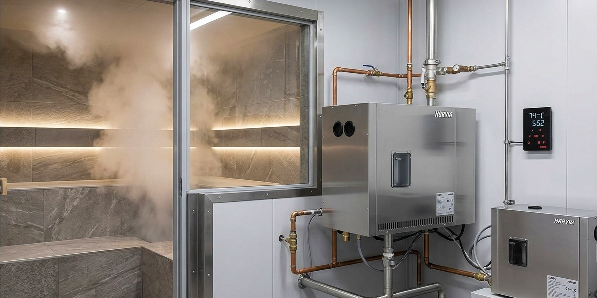 HARVIA HGP WiFi steam generator in a utility room, with a control panel and a steam sauna in the background